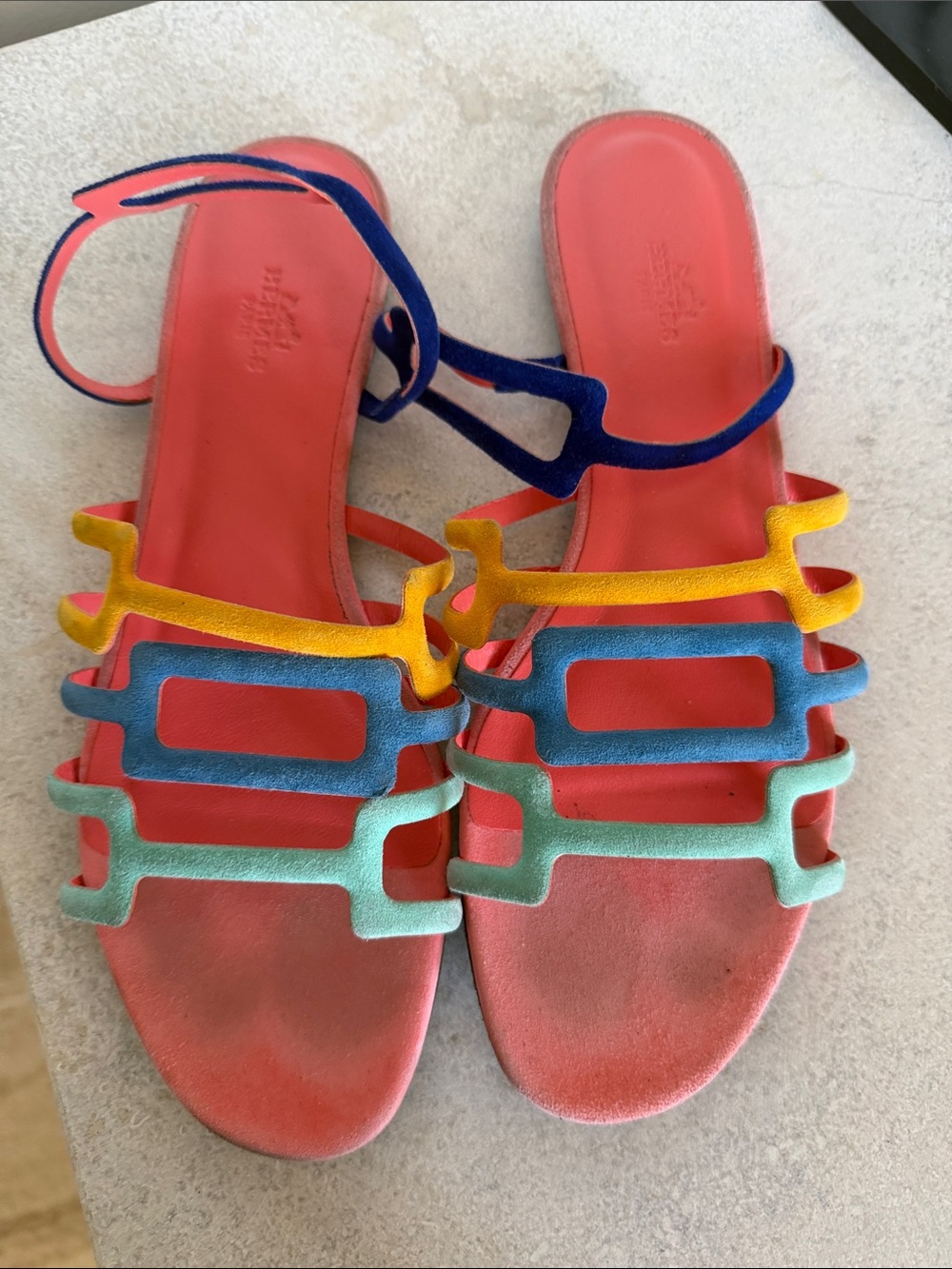 Hermes Colorblock Suede Women's Sandals in Coral with Multicolor Straps